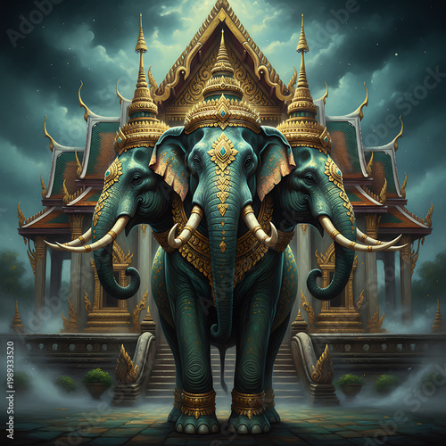 Royal Erawan Elephant Painting – Thai Mythical Guardian in Temple Fantasy Style