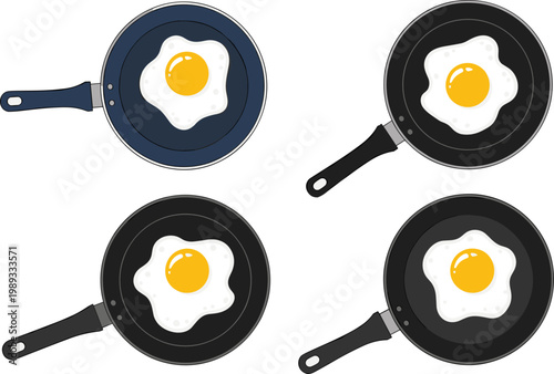 Fried Egg in Pan Icon Set Featuring Different Cooking Styles for Breakfast, Cooking, and Culinary Designs