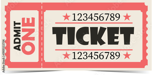 A pink and white ticket stub with admit one and ticket written on it in black and pink letters