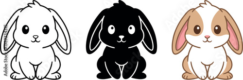 Cute cartoon rabbits in different colors sitting on white background looking friendly