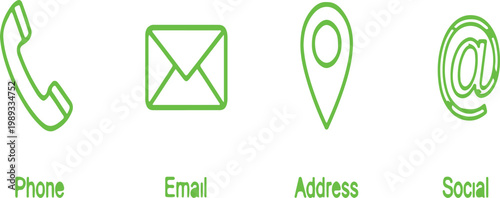 Contact Information Icons Phone, Email, Location, and Social Media Symbols for Communication and Connectivity