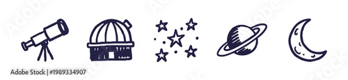Astronomy and Space Hand Drawn Icons Set featuring Telescope Observatory and Stars