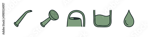 Hand drawn gardening and watering equipment icons in green