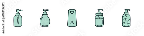 Set of liquid soap dispenser and hygiene bottle icons in green