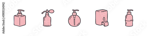 Collection of pink cosmetic bottles and perfume dispenser icons