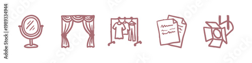 Backstage Theater and Acting Hand Drawn Icons Set with Spotlight Mirror and Script