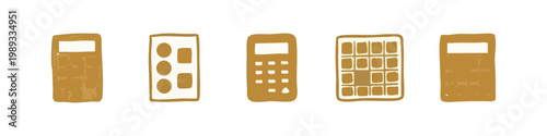 Hand drawn calculator and numeric keypad icons in gold