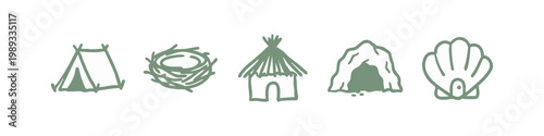 Collection of Primitive Shelters and Natural Homes Icons with Tent, Nest, Hut, Cave and Shell