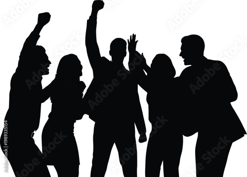 Group of people celebrating together with raised fists in a joyful moment isolated on white background, Vector
