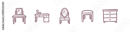 Bedroom furniture icons including vanity tables, mirrors, and stools