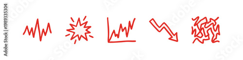 Hand-drawn red icons depicting market crash, volatility, and downward trends