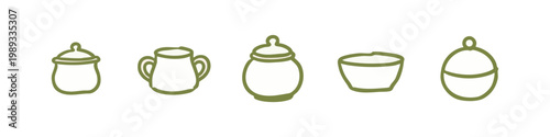 Hand-drawn ceramic pot and kitchen bowl icons with lids