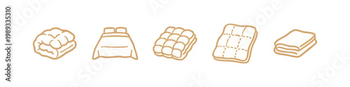 Hand-drawn bedding icons featuring quilts, blankets, and a made bed