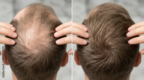 Before and after comparison of a man with hair thinning showing progress of hair restoration treatment scalp care and baldness medical procedure for male pattern hair loss