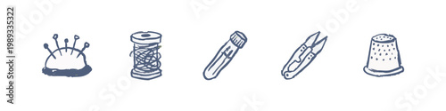 Hand Drawn Sewing and Crafting Icon Set Featuring Spool Scissors and Thimble