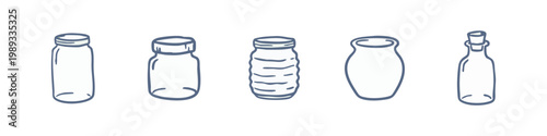 Set of Hand Drawn Glass Jar and Bottle Icons for Storage and Preservation