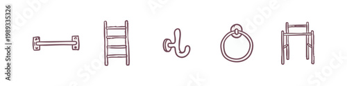 Hand Drawn Household Hardware Icon Set with Towel Bar Ladder Hook and Ring