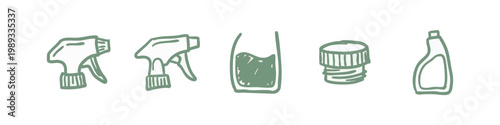Hand Drawn Cleaning Product Icons with Spray Bottles and Detergent