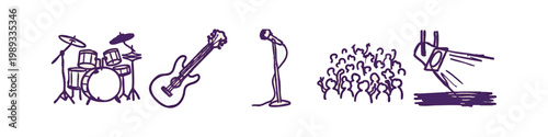 Set of Hand Drawn Music Concert Icons Featuring Drums Guitar and Microphone