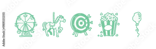 Hand Drawn Carnival and Fairground Icon Set with Ferris Wheel and Popcorn