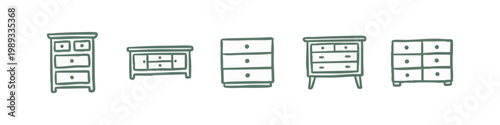 Collection of hand-drawn wooden chest of drawers and dresser furniture icons