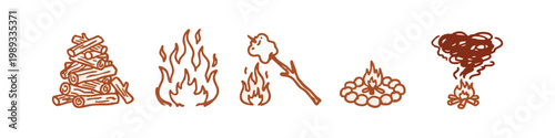 Hand Drawn Camping Fire Icons with Logs Flames and Marshmallows