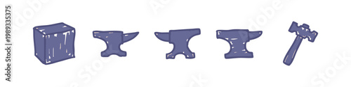 Hand Drawn Blacksmith Tool Icons with Anvils and Hammer