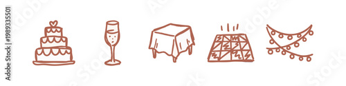 Event and Party Celebration Hand Drawn Brown Icons Set including Cake Glass Table and Lights