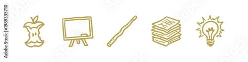 Classroom and Idea Icons Hand Drawn Style with Apple Core, Blackboard, and Lightbulb
