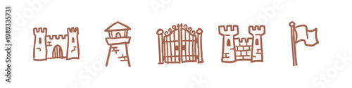 Medieval Fortification and Castle Icons Hand Drawn Style with Watchtower and Gate