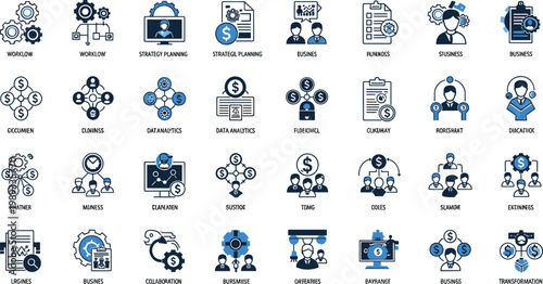 Business process and workflow icons set including analytics management marketing finance teamwork automation strategy and corporate operations vector illustration collection