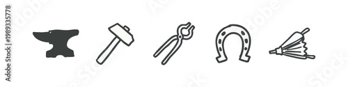 Blacksmith Tools and Metalwork Icons Hand Drawn Style with Anvil, Hammer, and Tongs