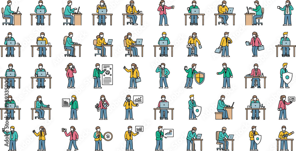 Fototapeta premium Large collection of professional workers and office employees in various occupations performing daily tasks business people characters flat vector illustration set