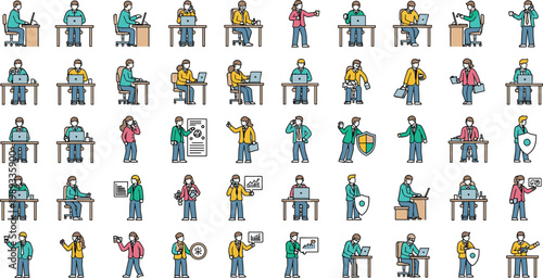 Large collection of professional workers and office employees in various occupations performing daily tasks business people characters flat vector illustration set