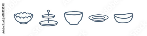 Tableware and Serving Dish Icons - Hand-Drawn Bowls, Plates, and Cake Stand