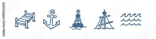 Nautical and Sea Life Icons - Hand-Drawn Anchor, Buoy, Pier, and Waves