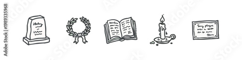 Memorial and Remembrance Icons - Hand-Drawn Tombstone, Wreath, Candle, and Book Sketches