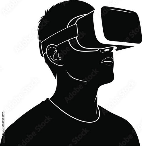 Person wearing a virtual reality headset experiencing immersive digital environment isolated on white background, Vector