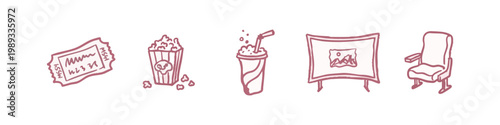 Movie Night and Cinema Snacks - Hand-Drawn Ticket, Popcorn, Soda, and Screen Icons