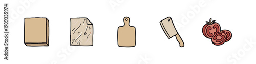 Kitchen Preparation Tools with Cutting Board and Sliced Tomato Icon Set