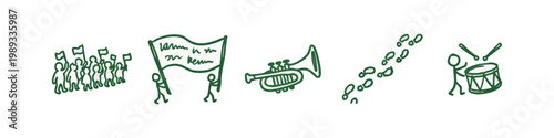 Parade and Public Protest Icons - Hand-Drawn Crowd, Banner, Trumpet, and Drummer Sketches