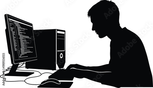 A focused individual working on a computer with code displayed on the screen. isolated on white background, Vector