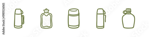 Set of Hand Drawn Thermos Hot Water Bottle and Canteen Icons