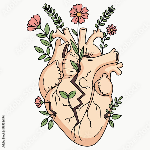 Anatomical human heart with blooming flowers and leaves, symbolizing healing and growth after heartbreak.