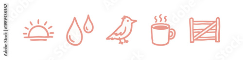 Peach Morning Routine Icons with Coffee Bird and Sunrise