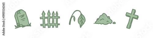 Spooky Cemetery Icons Set Hand Drawn in Grey Green with Tombstone and Cross