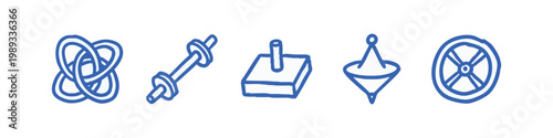 Blue Motion and Equipment Icons Set with Dumbbell and Spinning Top