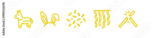 Festive Yellow Icons Set with Piñata Confetti and Bunny Ears