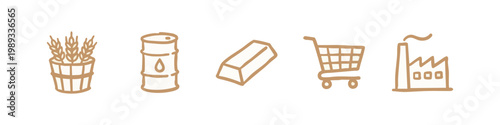 Economy and Commodity Icons with Wheat Oil Barrel Gold Bar and Shopping Cart