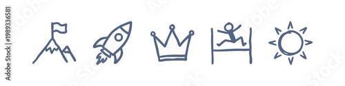 Success and Achievement Icons with Mountain Rocket Crown and Hurdle Race